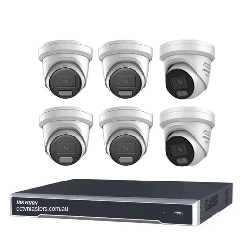 Hikvision Mix Camera Kit with 4 AcuSense 8MP cameras and 2 ColorVu 8MP cameras connected to an 8Ch NVR.