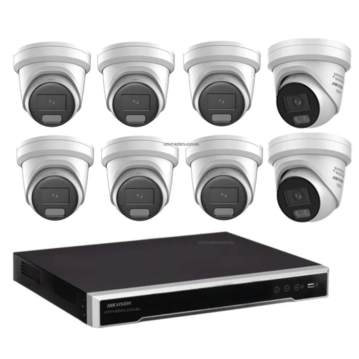 Hikvision Mix Camera Kit featuring 6 x 8MP AcuSense and 2 x 8MP ColorVu Gen 3 cameras with 8Ch NVR.