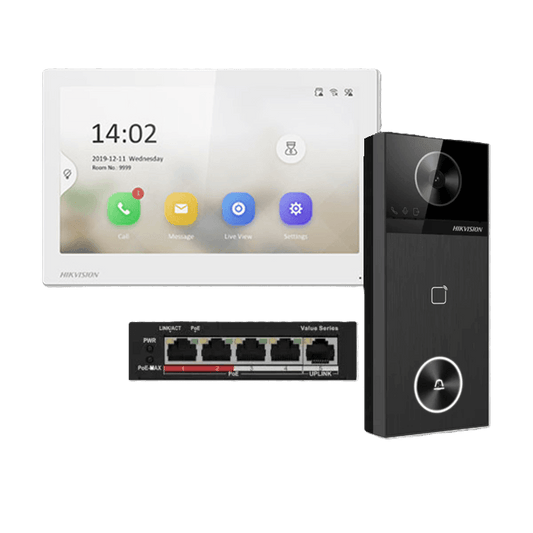 Hikvision DS-KH6350-WTE1 7" Video Intercom Kit with 4MP Door Station + PoE Switch | DS-KH6350-WTE1+KV6114-WBE1 | CCTVMASTERS.COM.AU