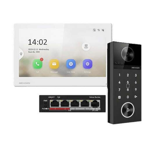 Hikvision DS-KH6350-WTE1 7" Video Intercom Kit with 4MP Door Station with Keypad + PoE Switch | DS-KH6350-WTE1+KV6124-WBE1 | CCTVMASTERS.COM.AU