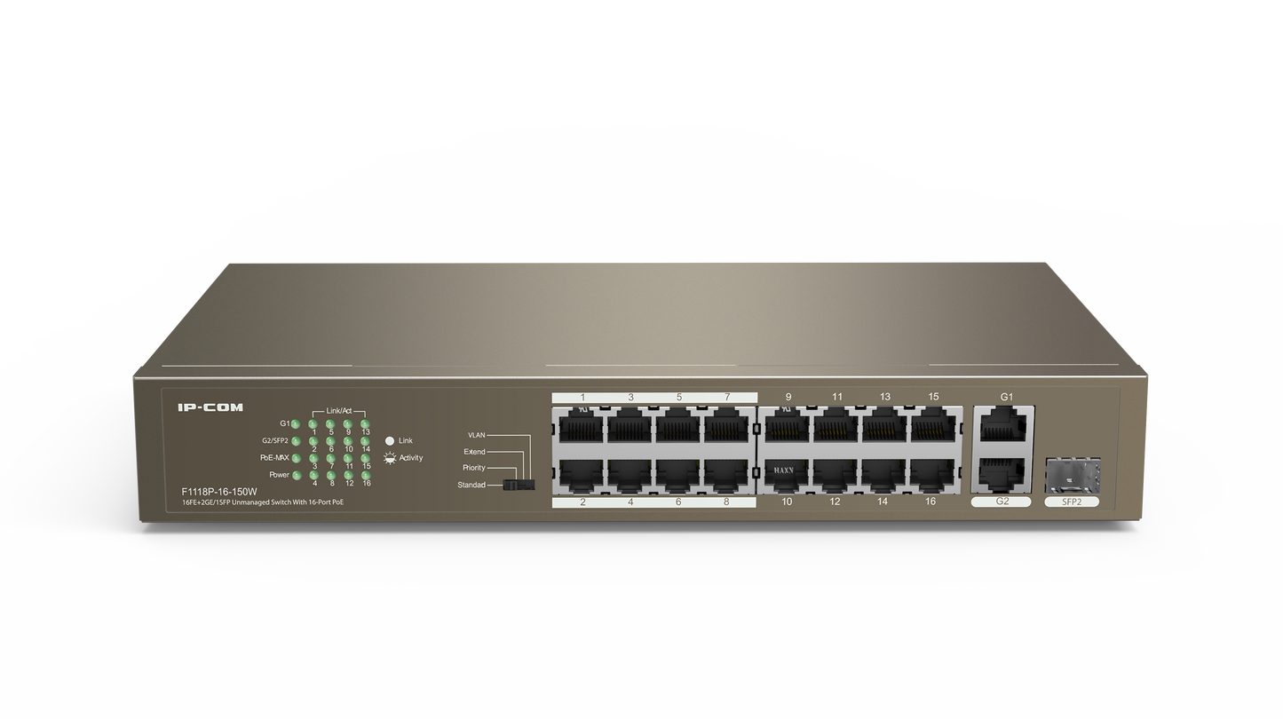 IP-COM 16 Port (18P) Switch 130W PoE Budget 16x PoE+ Plus 1x 1G SFP/ Fibre Port 2x1G Uplink Combo L2 Unmanaged