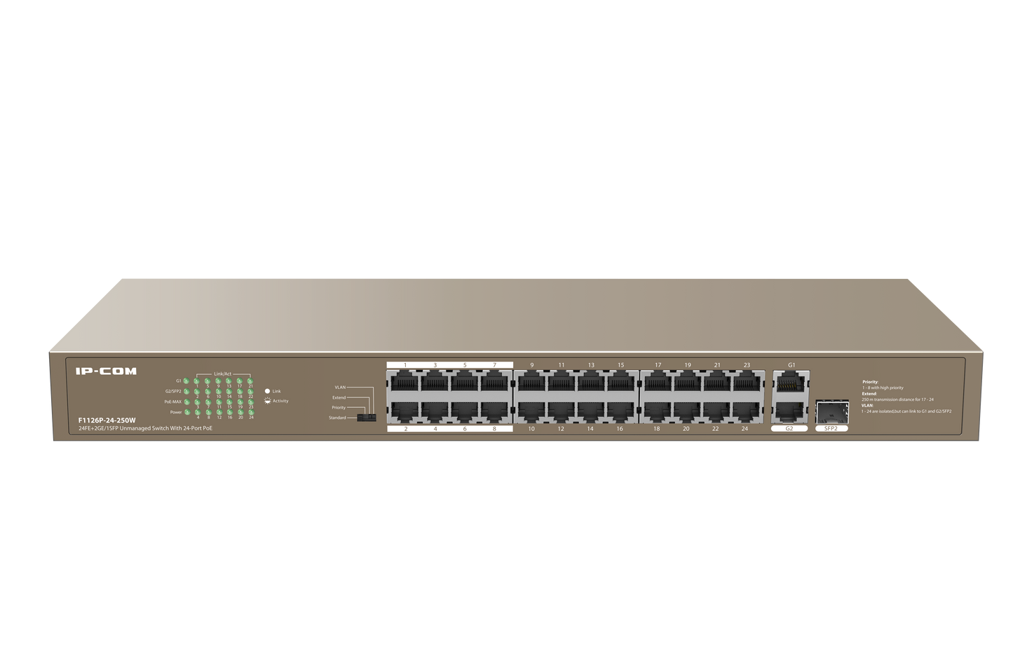 IP-COM 24 Port (26P) Switch 230W PoE Budget 24x PoE+ Plus 1x 1G SFP/ Fibre Port 2x1G Uplink Combo L2 Unmanaged