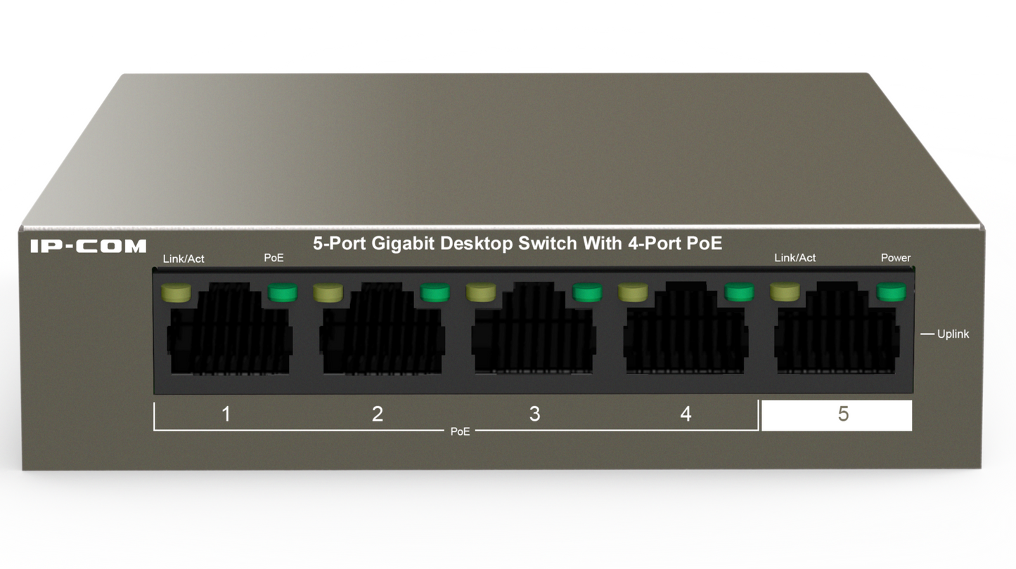 IP-COM 5 Port Gigbit Switch 58W PoE Budget 4x PoE+ L2 Unmanaged Brown 240VAC/51VDC