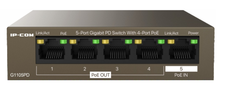 IP-COM 5 Port Gigabit PD Switch 4x PoE 22W PoE Budget L2 Unmanaged Brown PoE