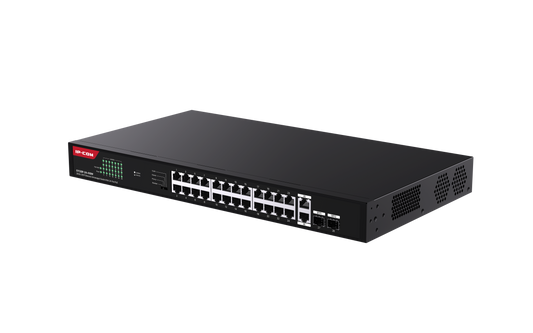 IP-COM 24 Port (28P) Gigabit Switch 370W PoE Budget 24x PoE+ Plus 2x 1G SFP/ Fibre Port 2x1G Uplink L2 Unmanaged Black 240VAC