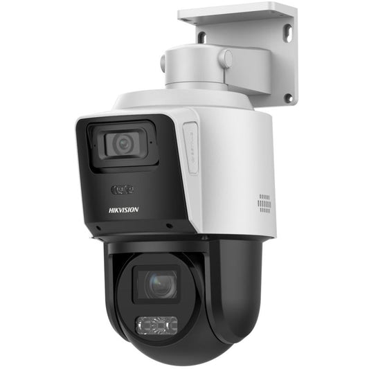 Hikvision PTZ Camera mounted on a wall, featuring dual 4MP lenses and advanced zoom capabilities.