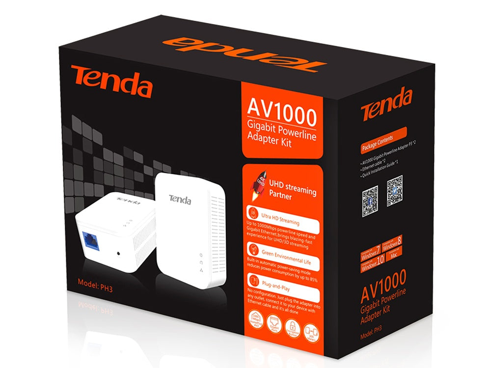 Tenda AV1000 PH3, 1-Port Gigabit Powerline Adapter Kit, Up to 1000Mbps