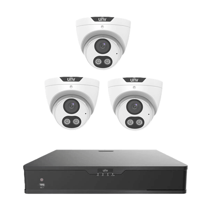 UNV Kit 3x6MP Smart Dual Light Turret Camera with three cameras and 4Ch NVR HDD.