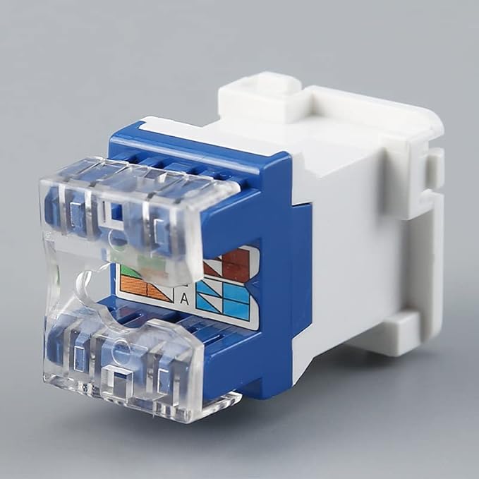 Keystone Jack UTP Cat6 IDC image showing blue connect tabs and color-coded wiring diagram.