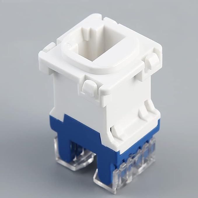 Keystone Jack UTP Cat6 IDC, white and blue network data jack mech insert on gray background.