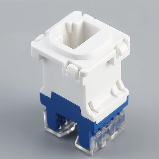Keystone Jack UTP Cat6 IDC, white and blue network data jack mech insert on gray background.
