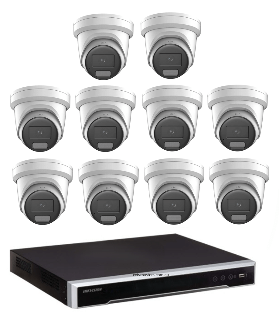 Hikvision ColorVu Camera Kit, 10 x 8MP Outdoor Gen 2 Full Color Hybrid Turret, 16Ch M Serires NVR 4TB HDD