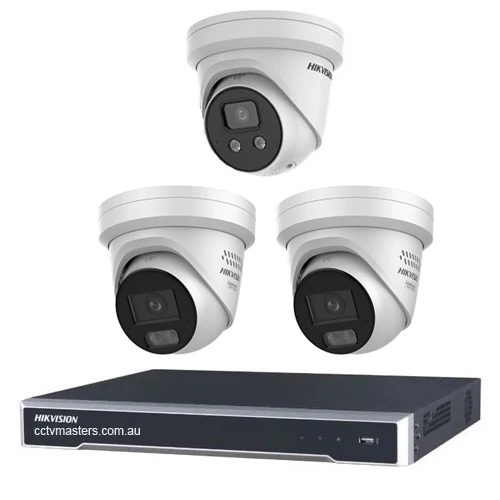 Hikvision Camera Kit, 1 x 8MP AcuSense, 2 x 8MP ColorVu Gen 3 Turret, 4Ch NVR  HDD Optional