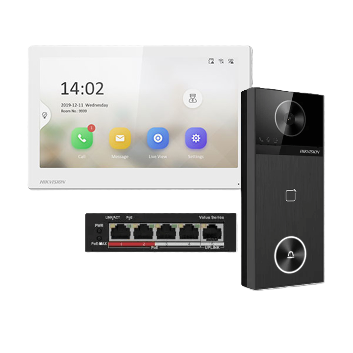 Hikvision DS-KH6350-WTE1 7" Video Intercom Kit with 4MP Door Station + PoE Switch