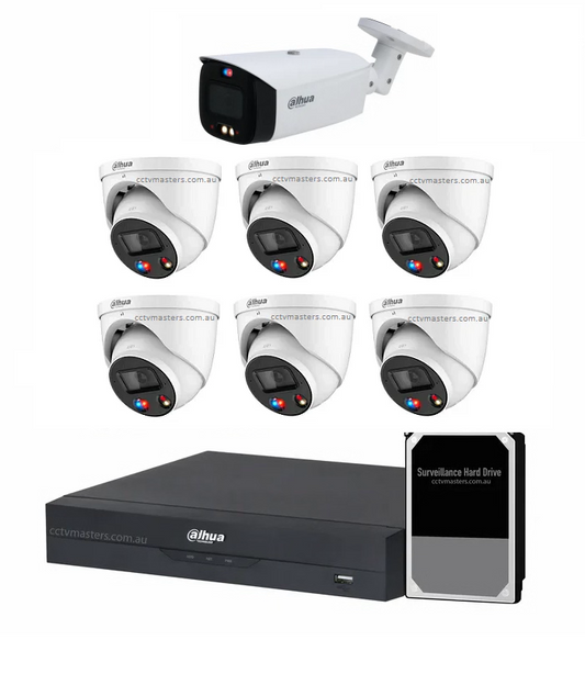 Dahua AI Active Deterrence 8MP Full-colour Camera Kit, 6 x Turret and 1 x Bullet, 8CH AI Smart 4.0 NVR Ultra 4K