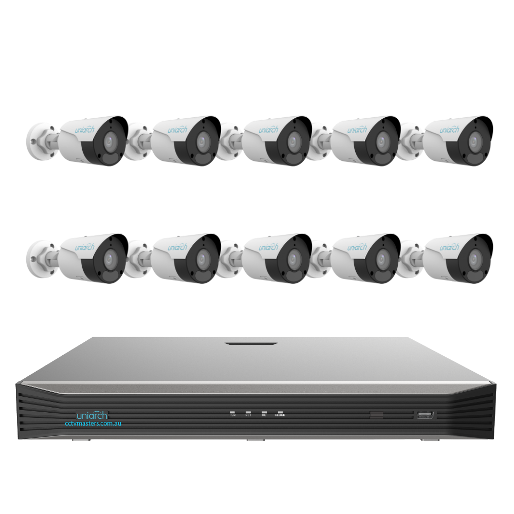 Uniarch Starlight Bullet Camera Kit, 10 x 6MP Pro Series 16Ch NVR Ultra 4K, Powered By Uniview, HDD Optional