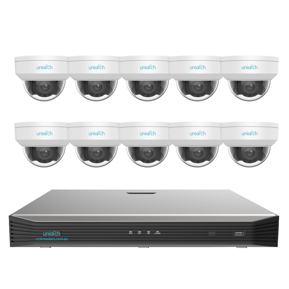 Uniarch Starlight Dome Camera Kit, 10 x 8MP Pro Series 16Ch NVR Ultra 4K, Powered By Uniview, HDD Optional