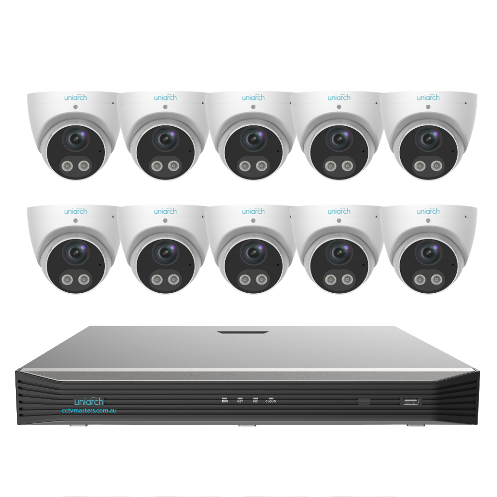 Uniarch Tri-guard Turret Camera Kit, 10 x 8MP Pro Series 16Ch NVR Ultra 4K, Powered By Uniview, HDD Optional