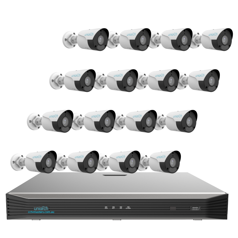 Uniarch Starlight Bullet Camera Kit, 16 x 6MP Pro Series 16Ch NVR Ultra 4K, Powered By Uniview, HDD Optional