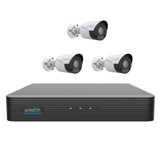 Uniarch Starlight Bullet Camera Kit, 3 x 6MP Pro Series 4Ch NVR Ultra 4K, Powered By Uniview, HDD Optional