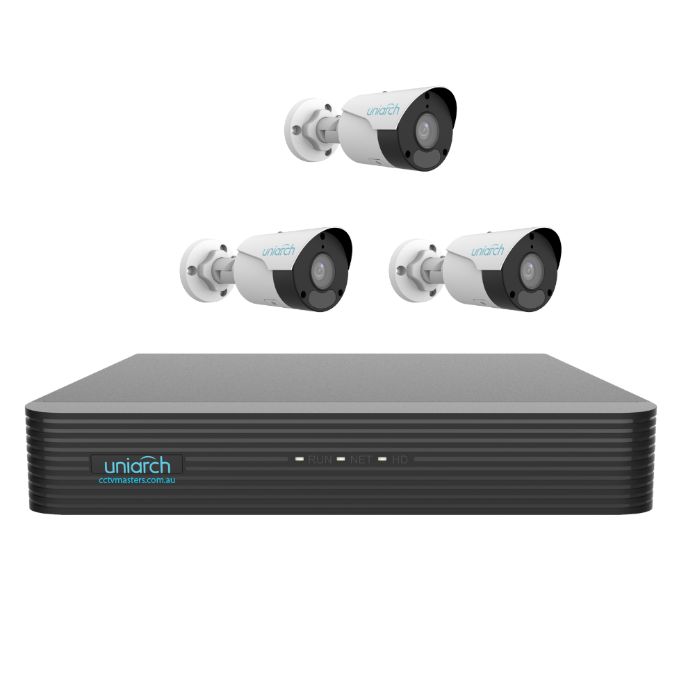 Uniarch Starlight Bullet Camera Kit, 3 x 6MP Pro Series 4Ch NVR Ultra 4K, Powered By Uniview, HDD Optional