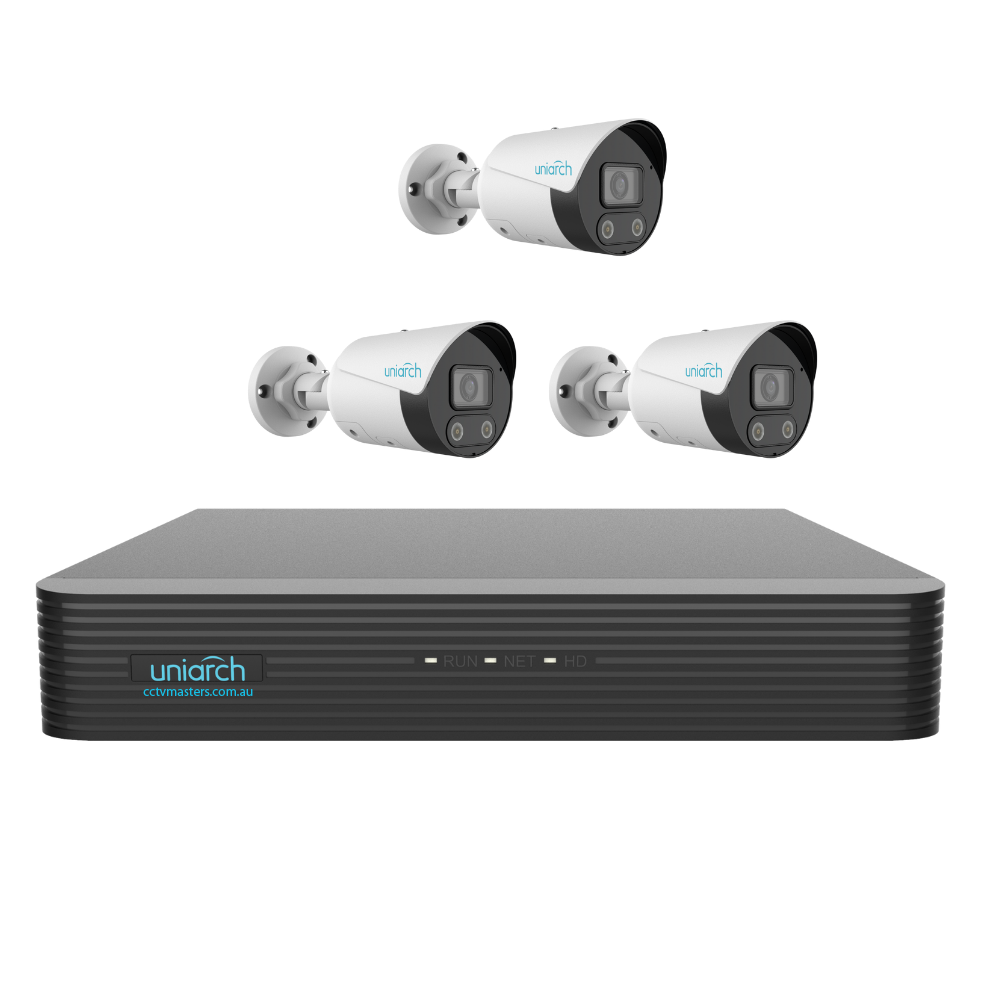 Uniarch Tri-guard Bullet Camera Kit, 3 x 8MP Pro Series 4Ch NVR Ultra 4K, Powered By Uniview, HDD Optional