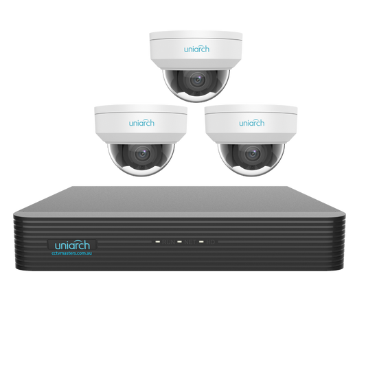 Uniarch Starlight Dome Camera Kit, 3 x 6MP Pro Series 4Ch NVR Ultra 4K, Powered By Uniview, HDD Optional