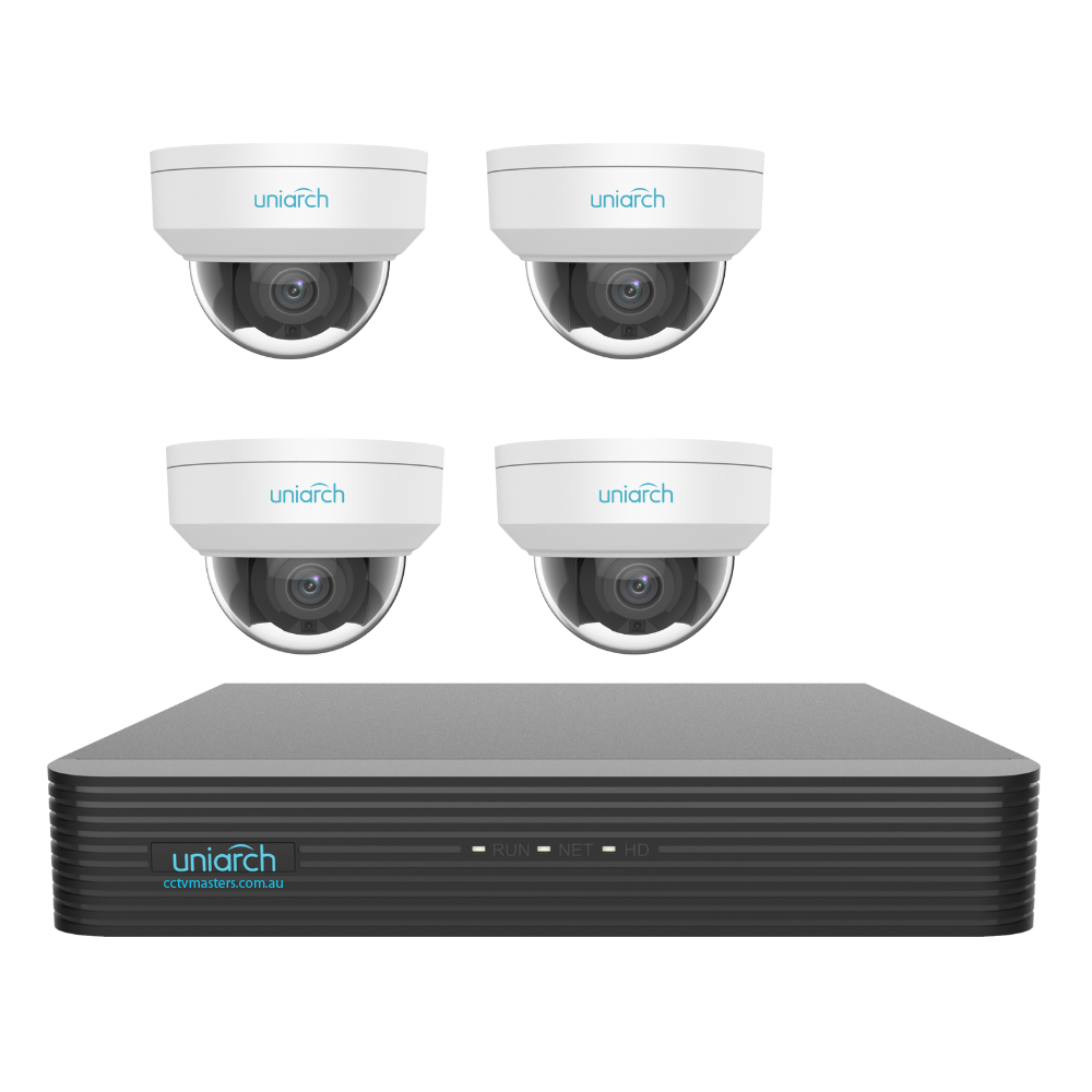 Uniarch Starlight Dome Camera Kit, 4 x 6MP Pro Series 4Ch NVR Ultra 4K, Powered By Uniview, HDD Optional