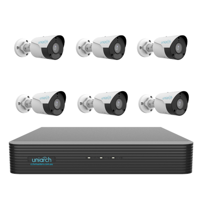 Uniarch Starlight Bullet Camera Kit, 6 x 6MP Pro Series 8Ch NVR Ultra 4K, Powered By Uniview, HDD Optional