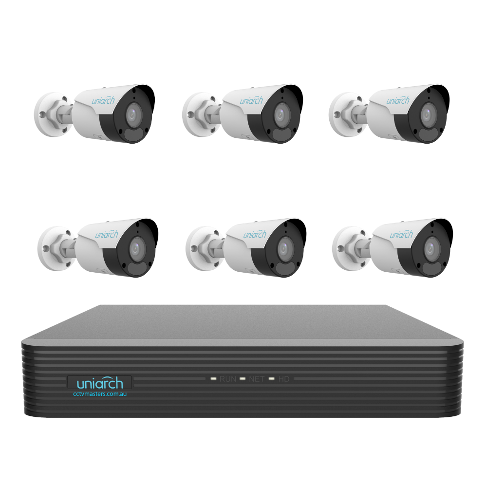 Uniarch Starlight Bullet Camera Kit, 6 x 8MP Pro Series 8Ch NVR Ultra 4K, Powered By Uniview, HDD Optional