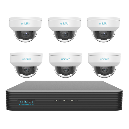 Uniarch Starlight Dome Camera Kit, 6 x 6MP Pro Series 8Ch NVR Ultra 4K, Powered By Uniview, HDD Optional