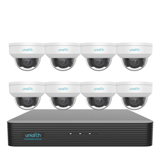 Uniarch Starlight Dome Camera Kit, 8 x 6MP Pro Series 8Ch NVR Ultra 4K, Powered By Uniview, HDD Optional