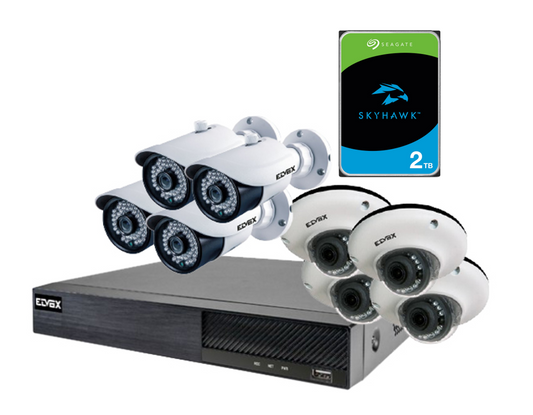 Elvox 8Ch CCTV Kit Include 4x4mp Dome Camera, 4x5mp bullet camera, 8ch nvr 8x Poe with 2TB HDD Loaded