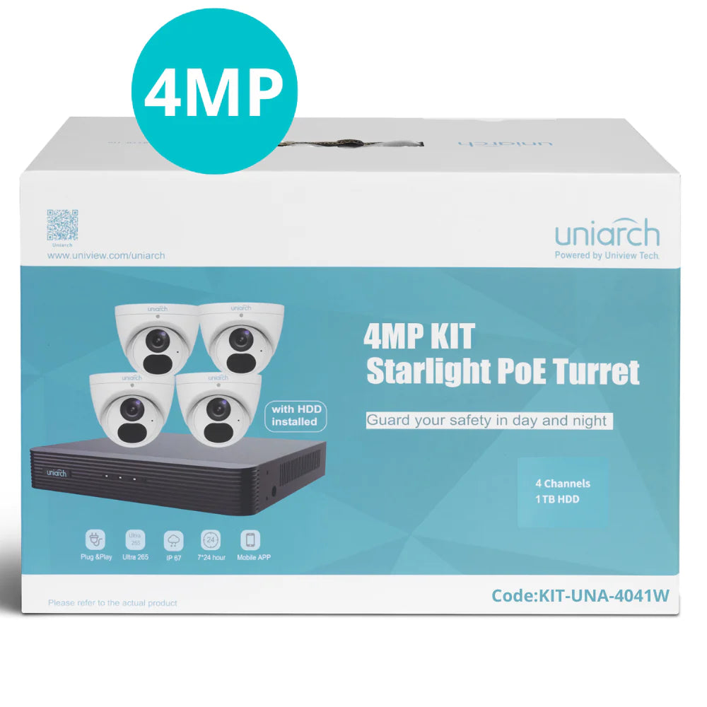 Uniarch 4MP Starlight 4Ch Kit, 4CH 4K NVR Powered By Uniview, 1TB HDD Pre-Installed