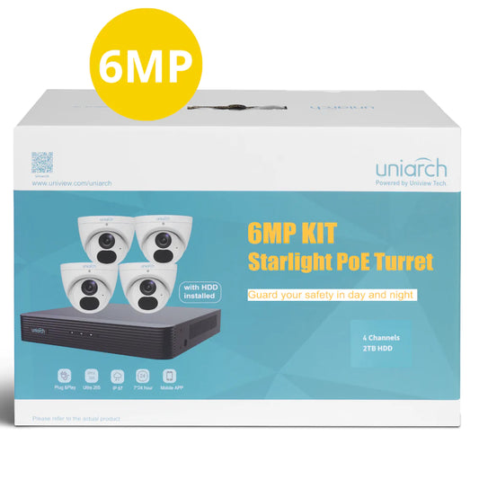 Uniarch Starlight Camera Kit, 4 x 6MP Pro Series 4Ch NVR-104X-P4 Ultra 4K, Powered by Uniview, 2TB
